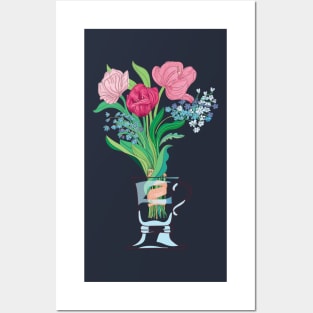 Three tulips and Spring flowers in a tea cup, glass jar Posters and Art